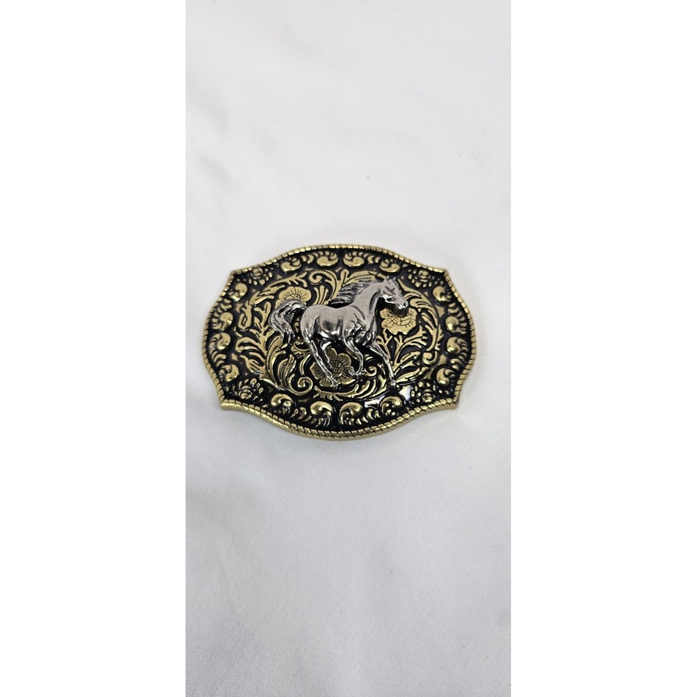 Western Silver Horse Belt‎ Buckle Gold Tone Black Enamel Cowboy Rodeo 3in